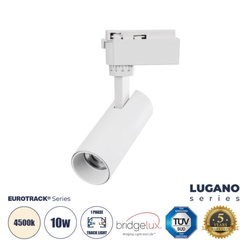 GloboStar® LUGANO 60801 Μονοφασικό Φωτιστικό Σποτ Ράγας LED 10W 1250lm 36° Acrylic HQ LENS AC 220-240V IP20 Φ4.5 x Υ19cm Φυσικό Λευκό 4500K – EUROTRACK® System 1L+1N – Λευκό – Bridgelux Chip – TÜV Certified Driver – 5 Χρόνια Εγγύηση