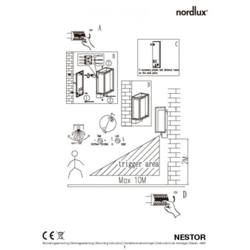 Nordlux Nestor Φωτιστικό Τοίχου Μαύρο IP44 LED 8W 2700K με Ανιχνευτή Κίνησης –  49051503