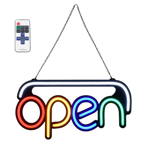 GloboStar® 85859 Φωτιστικό Ταμπέλα Φωτεινή Επιγραφή NEON LED Σήμανσης Animated OPEN 30W AC 230V με Διακόπτη On/Off και Ασύρματο Χειριστήριο IR Λευκό – Κόκκινο – Πράσινο – Κίτρινο – Γαλάζιο