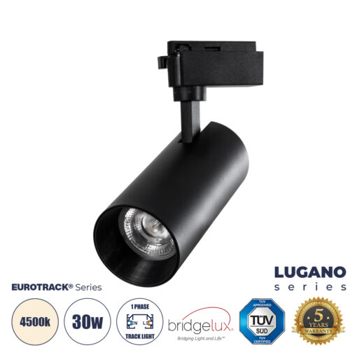 GloboStar® LUGANO 60816 Μονοφασικό Φωτιστικό Σποτ Ράγας LED 30W 3750lm 36° Acrylic HQ LENS AC 220-240V IP20 Φ7.5 x Υ22.7cm Φυσικό Λευκό 4500K – EUROTRACK® System 1L+1N – Μαύρο – Bridgelux Chip – TÜV Certified Driver – 5 Χρόνια Εγγύηση