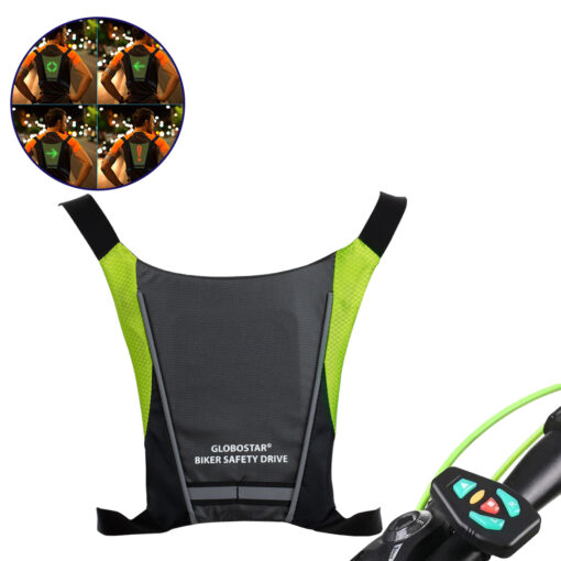 GloboStar® 79070 Γιλέκο Ασφαλείας Φωσφοριζέ Αντανακλαστικό για Ποδηλάτες & Runners με Φωτεινή Σήμανση LED – Ενσωματωμένη Μπαταρία 650mAh DC 5V Επαναφορτιζόμενο με Καλώδιο Τροφοδοσίας USB & Ασύρματο Χειριστήριο –  Μαύρο & Λαχανί Φωσφοριζέ Αδιάβροχο IP65