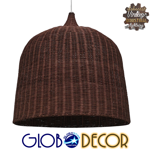 GloboStar® BAHAMAS 01569 Vintage Κρεμαστό Φωτιστικό Οροφής Μονόφωτο 1 x E27 Καφέ Σκούρο Ξύλινο Ψάθινο Bamboo Φ90 x Υ90cm