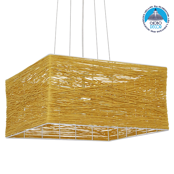 GloboStar® LONG BAY 01629 Vintage Κρεμαστό Φωτιστικό Οροφής Πολύφωτο 5 x E27 Καφέ Ξύλινο Rattan Μ40 x Π40 x Υ22.5cm