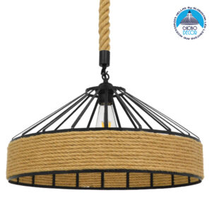 GloboStar® POLI 01147 Vintage Κρεμαστό Φωτιστικό Οροφής Μονόφωτο 1 x E27 Μαύρο Μεταλλικό με Μπεζ Σχοινί Φ50 x Y25cm