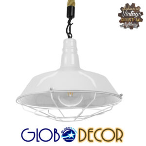 GloboStar® PUPPET 01412 Vintage Industrial Κρεμαστό Φωτιστικό Οροφής Μονόφωτο 1 x E27 Λευκό Γυαλιστερό Μεταλλικό Καμπάνα Πλέγμα με Μπεζ Σχοινί Φ36 x Υ31cm