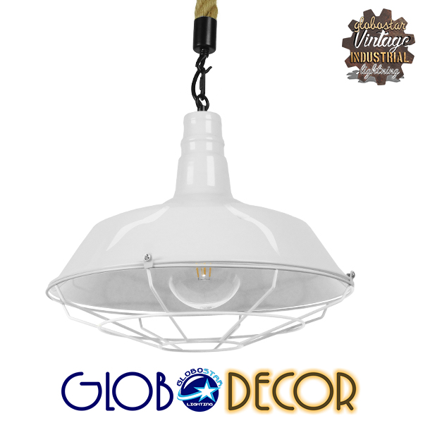 GloboStar® PUPPET 01412 Vintage Industrial Κρεμαστό Φωτιστικό Οροφής Μονόφωτο 1 x E27 Λευκό Γυαλιστερό Μεταλλικό Καμπάνα Πλέγμα με Μπεζ Σχοινί Φ36 x Υ31cm