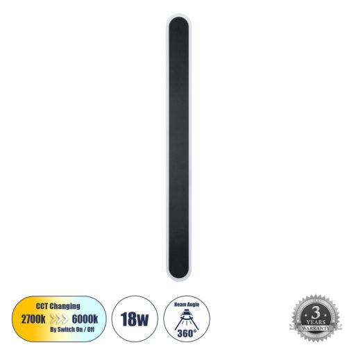 GloboStar® HOUSTON 61347 Φωτιστικό Τοίχου – Απλίκα Design LED CCT 18W 2160lm 360° AC 220-240V – Εναλλαγή Φωτισμού μέσω Διακόπτη On/Off All In One Ψυχρό 6000k+Φυσικό 4500k+Θερμό 2700k Μ6 x Π3 x Υ60cm – Μαύρο – 3 Years Warranty