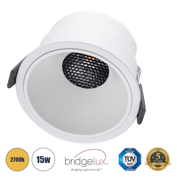 GloboStar® PLUTO-B 60261 Χωνευτό LED Spot Downlight TrimLess Φ10.4cm 15W 1875lm 38° AC 220-240V IP20 Φ10.4 x Υ6.5cm – Στρόγγυλο – Λευκό & Anti-Glare HoneyComb – Θερμό Λευκό 2700K – Bridgelux COB – 5 Years Warranty