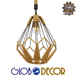 GloboStar® CONICAL 01617 Vintage Κρεμαστό Φωτιστικό Οροφής Μονόφωτο 1 x E27 Πλέγμα με Μπεζ Σχοινί Φ31 x Υ38cm