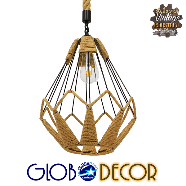 GloboStar® CONICAL 01617 Vintage Κρεμαστό Φωτιστικό Οροφής Μονόφωτο 1 x E27 Πλέγμα με Μπεζ Σχοινί Φ31 x Υ38cm