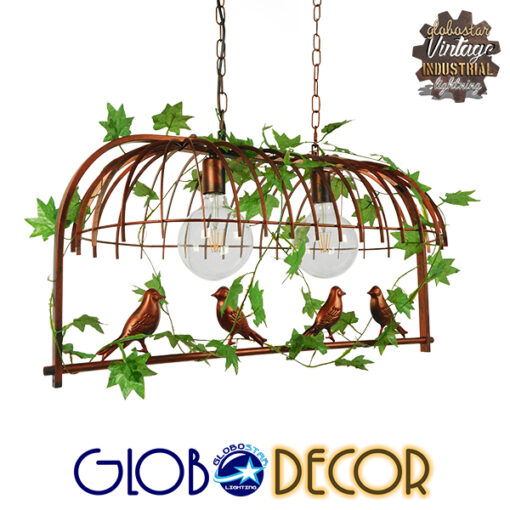 GloboStar® CABALBI 01645 Vintage Industrial Κρεμαστό Φωτιστικό Οροφής Δίφωτο 2 x E27 Καφέ Σκουριά Μεταλλικό Πλέγμα Μ73.6 x Π37.5 x Y38.5cm
