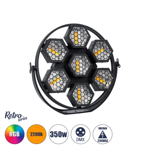 GloboStar® 51195 HALO HEXA Επαγγελματικό Φωτιστικό Ειδικών Εφέ DIGITAL MATRIX PIXEL & Blinder – 7 x 50W LED COB Chips Ultra Gold Warm White 2200K & 168 x 0.5W LED SMD5050 Chips RGB – AC 220V-240V DMX512 Display on Body – Μαύρο – Μ50 x Π10.5 x Υ47cm