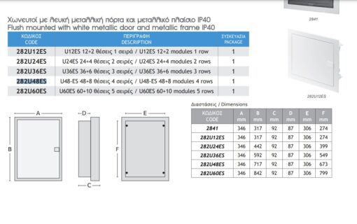 Χωνευτός Πίνακας Μεταλλικός 48+8 Θέσεων 4 Σειρών με Λευκή Μεταλλική Πόρτα IP40 ACA – 282U48ES