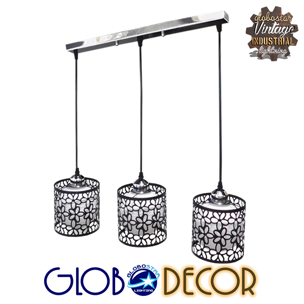 GloboStar® FELICIA 01247 Μοντέρνο Κρεμαστό Φωτιστικό Οροφής Τρίφωτο 3 x E27 Μαύρο Μεταλλικό Πλέγμα με Λευκό Γυαλί Μ62 x Π15 x Υ19cm