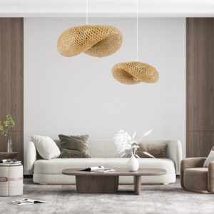 GloboStar® MEXICO 00718 Vintage Κρεμαστό Φωτιστικό Οροφής Μονόφωτο 1 x E27 Μπεζ Ξύλινο Bamboo Μ40 x Π30 x Y18cm