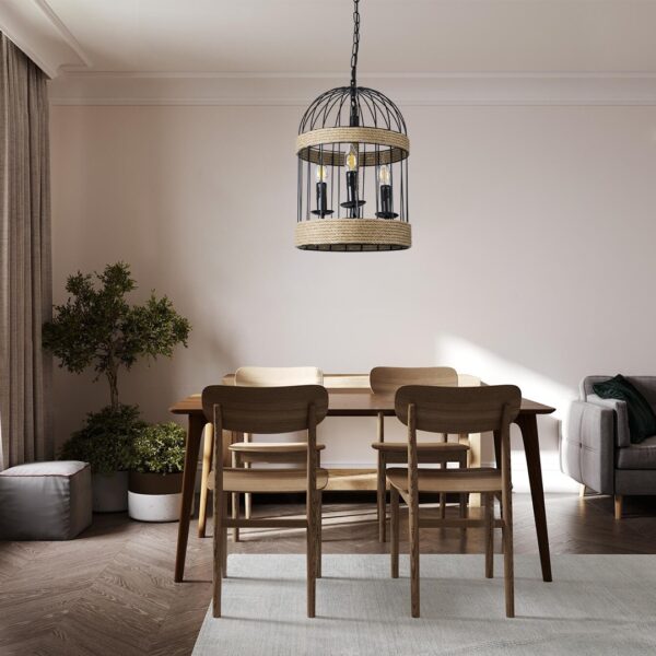 GloboStar® MERLIN 00865 Vintage Industrial Κρεμαστό Φωτιστικό Οροφής Τρίφωτο 3 x E14 Μαύρο Μεταλλικό Με Σχοινί Φ27 x Y44cm