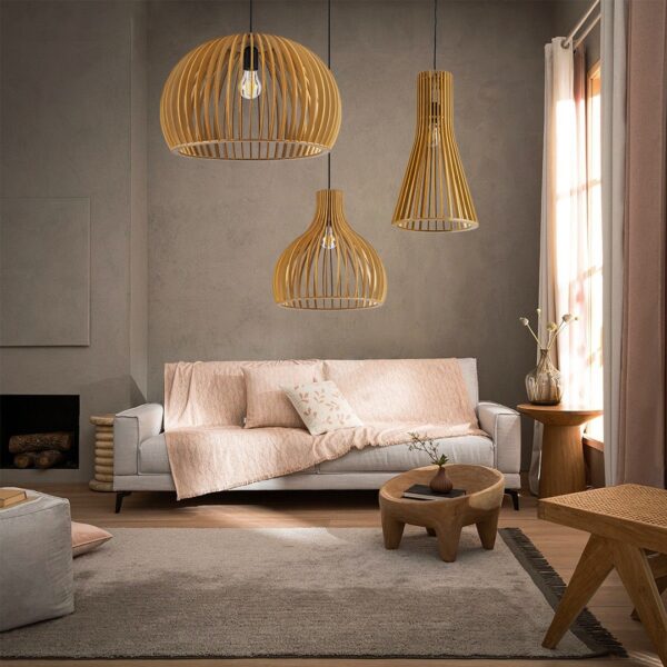 GloboStar® SCANDINAVIA 01700 Μοντέρνο Κρεμαστό Φωτιστικό Οροφής Μονόφωτο 1 x E27 Μπεζ Ξύλινο Πλέγμα Φ25 x Υ45cm