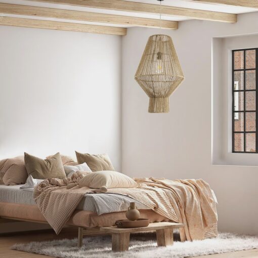 GloboStar® CAYMAN 01853 Boho Κρεμαστό Φωτιστικό Οροφής Μονόφωτο 1 x E27 AC220-240V IP20 – Φ40 x Υ60cm – Μπεζ Λεπτό Σχοινί Τριχιά Πλέγμα – 5 Χρόνια Εγγύηση