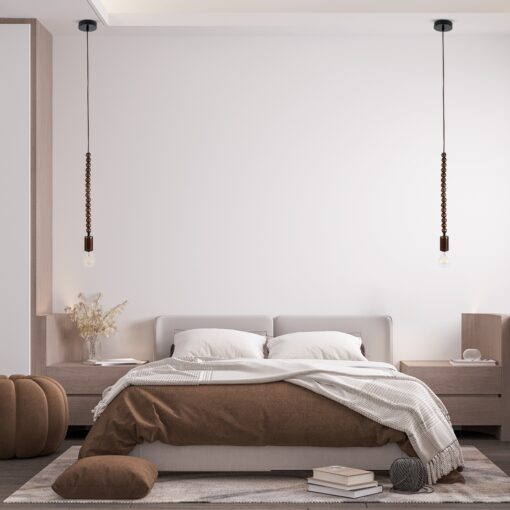 GloboStar® BEADS 00694 Vintage Κρεμαστό Φωτιστικό Οροφής Μονόφωτο 1 x E27 AC220-240V IP20 – Φ4 x Υ47cm – Καφέ Σκούρο Ξύλινο Ανάρτηση – 5 Χρόνια Εγγύηση