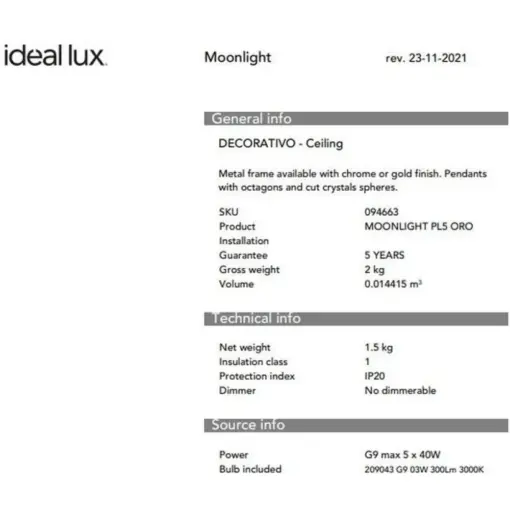 IDEAL LUX Φωτιστικό Οροφής MOONLIGHT 8xG9 Χρυσού Χρώματος – 080932