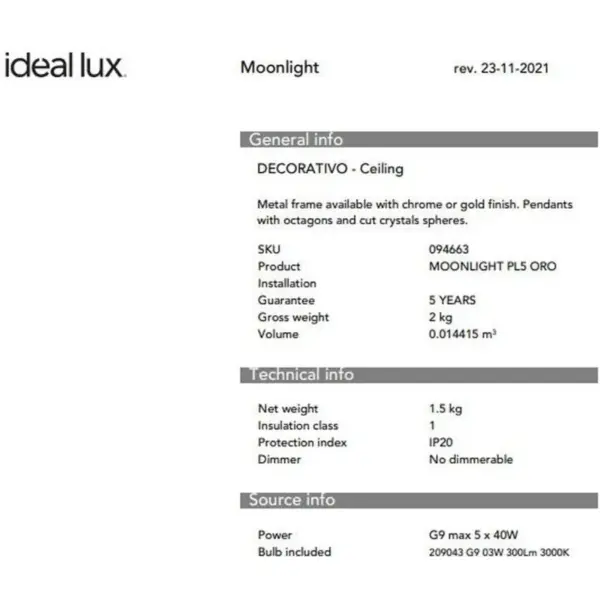 IDEAL LUX Φωτιστικό Οροφής MOONLIGHT 8xG9 Χρυσού Χρώματος – 080932