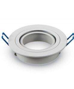 Ρυθμιζόμενη χωνευτή βάση για σποτ, λευκό χρώμα, κυκλικός σχεδιασμός, με μπλε στηρίγματα.