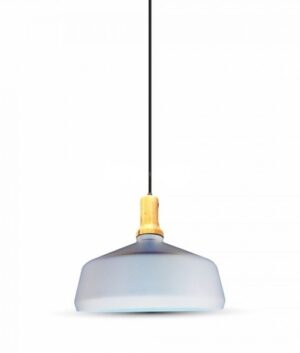 Μοντέρνο κρεμαστό φωτιστικό με γκρι καπέλο και ξύλινη λεπτομέρεια, ιδανικό για διακόσμηση εσωτερικών χώρων.