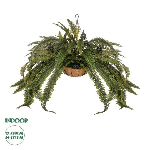GloboStar® Artificial Garden FERN HANGING PLANT 20622 Τεχνητό Κρεμαστό Διακοσμητικό Φυτό Φτέρης Π90 x Μ90 x Y70cm