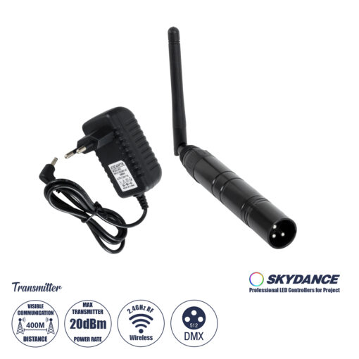 GLOBOSTAR® SKYDANCE-DM-WT 71577 DMX512 Ασύρματος Πομπός RF 2.4Ghz ISM GFSK 20dBm 400m Αρσενικό XLR3 DC 5V IP20 – Μ1.9 x Π1.9 x Υ22cm – 5 Χρόνια Εγγύηση
