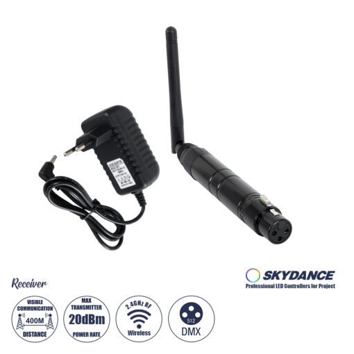 GLOBOSTAR® SKYDANCE-DM-WR 71578 DMX512 Ασύρματος Δέκτης RF 2.4Ghz ISM GFSK 20dBm 400m Θηλυκό XLR3 DC 5V IP20 – Μ1.9 x Π1.9 x Υ22cm – 5 Χρόνια Εγγύηση