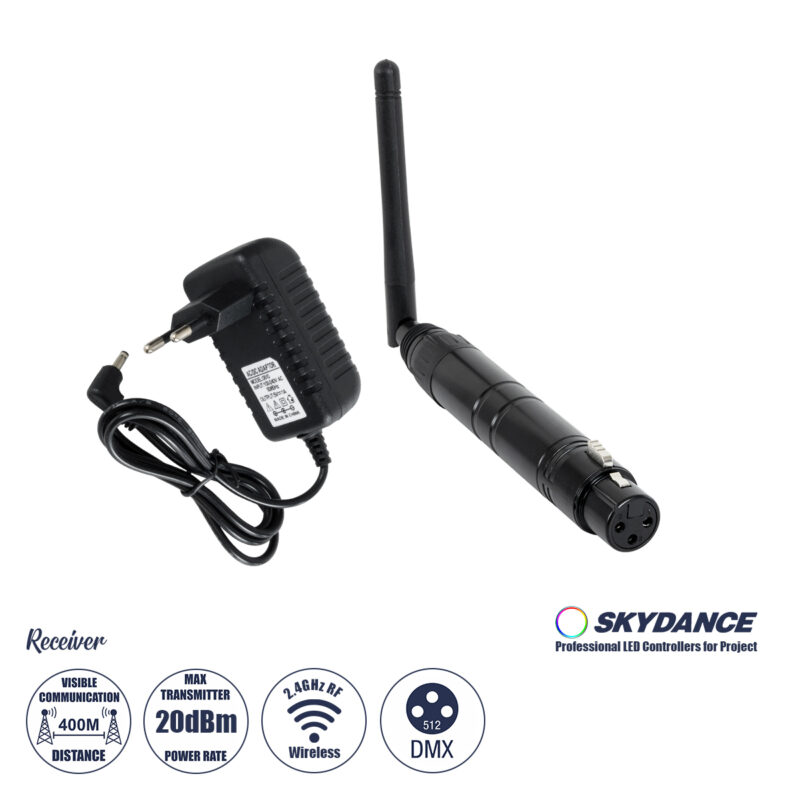 GLOBOSTAR® SKYDANCE-DM-WR 71578 DMX512 Ασύρματος Δέκτης RF 2.4Ghz ISM GFSK 20dBm 400m Θηλυκό XLR3 DC 5V IP20 – Μ1.9 x Π1.9 x Υ22cm – 5 Χρόνια Εγγύηση