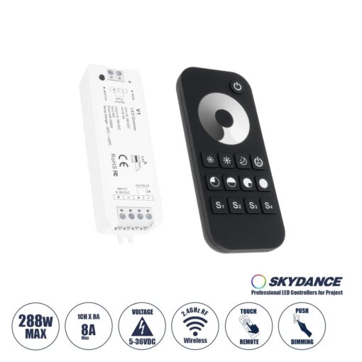 GloboStar® 73118 RT1+V1 SKYDANCE ΣΕΤ Dimmer & Ασύρματο Χειριστήριο Αφής 1 Group RF 2.4Ghz 8A Max DC 5-36V (288W) – DC 3V IP20 – 5 Χρόνια Εγγύηση