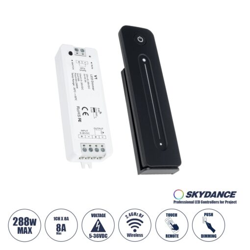 GloboStar® 73119 V1+R11 SKYDANCE ΣΕΤ Dimmer & Ασύρματο Χειριστήριο Αφής 1 Group RF 2.4Ghz 8A Max DC 5-36V (288W) – DC 3V IP20 – 5 Χρόνια Εγγύηση