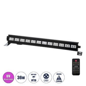 GLOBOSTAR® UVBAR 79660 Μπάρα Φωτισμού LED 36W 120° AC 220-240V IP20 Μαύρο Αλουμίνιο – UV Black Light – DMX512 & Ασύρματο Χειριστήριο IR – Μ50 x Π6 x Υ6cm – 2 Χρόνια Εγγύηση