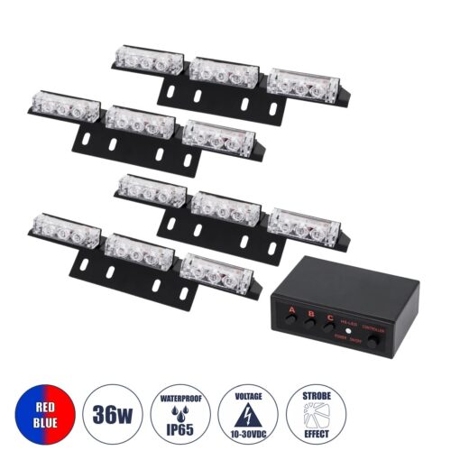 GloboStar® 85017 PRO Series ΣΕΤ 4 x 3 Μπάρες Σήμανσης Οχήματος Οδικής Βοήθειας για Αυτοκίνητα & Φορτηγά 3 Προγραμμάτων Φωτισμού STROBE LED HIGH POWER 36W DC 10-30V Αδιάβροχο IP65 Κόκκινο & Μπλε-  Μ18 x Π4.5 x Υ3cm – 2 Χρόνια Εγγύηση
