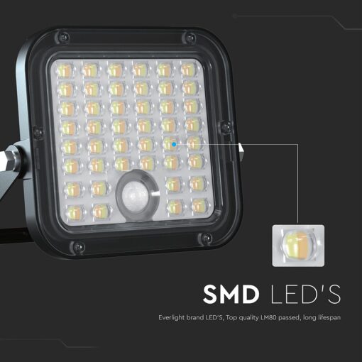 10W LED Ηλιακός Προβολέας Μαύρος 4000K+6000K με Ανιχνευτή Κίνησης & Τηλεχειριστήριο IP65 V-TAC  23756