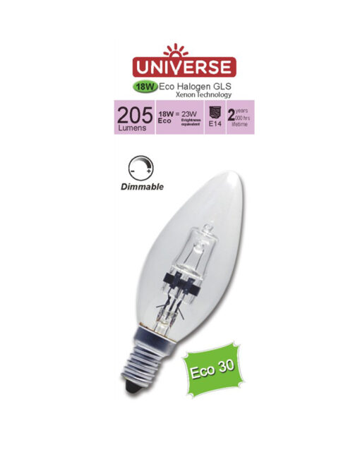 ΛΑΜΠΑ ΑΛΟΓΟΝΟΥ ΕCO30 ΚΕΡΑΚΙ C35 18W Ε14 2800K 220-240V 204lm 360° DIMMABLE UNIVERSE – 1-U001465