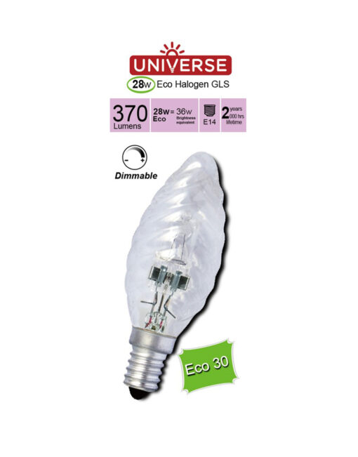 ΛΑΜΠΑ ΑΛΟΓΟΝΟΥ ΕCO30 ΚΕΡΙ ΣΤΡΙΦΤΟ C35 28W Ε14 2800K 220-240V 370lm 360° DIMMABLE UNIVERSE – 1-U001502