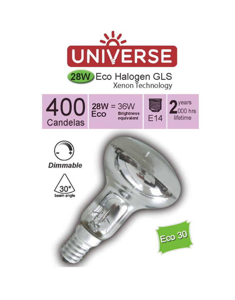 ΛΑΜΠΑ ΑΛΟΓΟΝΟΥ ΕCO30 ΚΑΘΡΕΠΤΟΥ R50 28W Ε14 2800K 220-240V 370lm 360° DIMMABLE UNIVERSE – 1-U001564