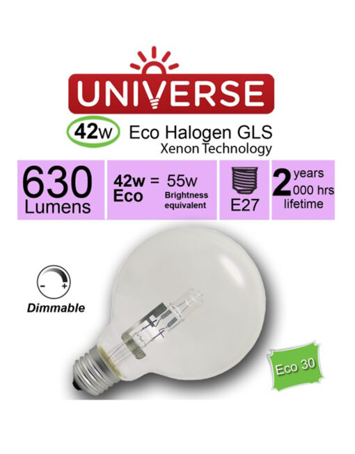 ΛΑΜΠΑ ΑΛΟΓΟΝΟΥ ΕCO30 ΣΦΑΙΡΑ G95 52W E27 2800K 220-240V 840lm 360° DIMMABLE UNIVERSE – 1-U003377