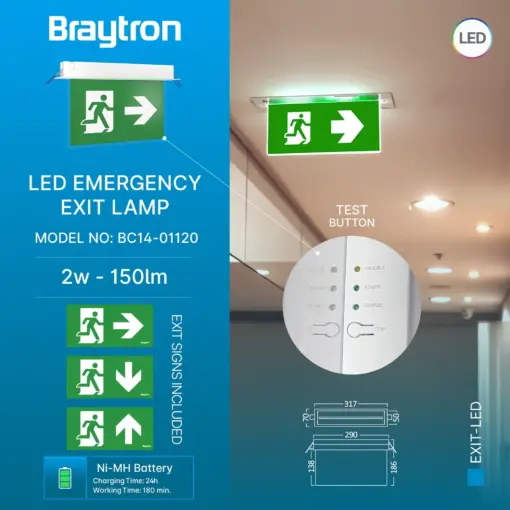 BRY-EXIT-LED-3W-RCS-IP20-WHT-EMERGENCY EXIT – BC14-01120
