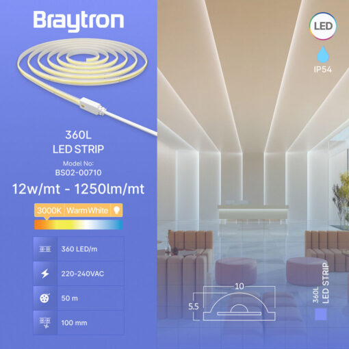 Ταινία led cob 12w/m 1250lm/m 220V IP65 3000k – BS02-00710