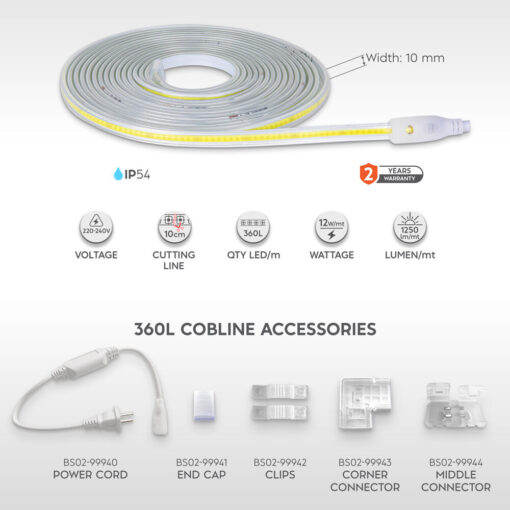 Ταινία led cob 12w/m 1250lm/m 220V IP65 6500k – BS02-00713