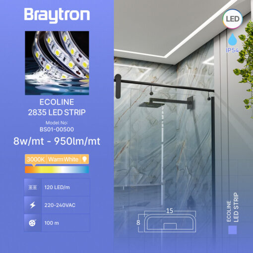 Ταινία led 2835 8w/m 950lm/m 220V IP54 3000k – BS01-00500