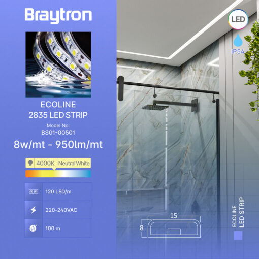 Ταινία led 2835 8w/m 950lm/m 220V IP54 4000k – BS01-00501