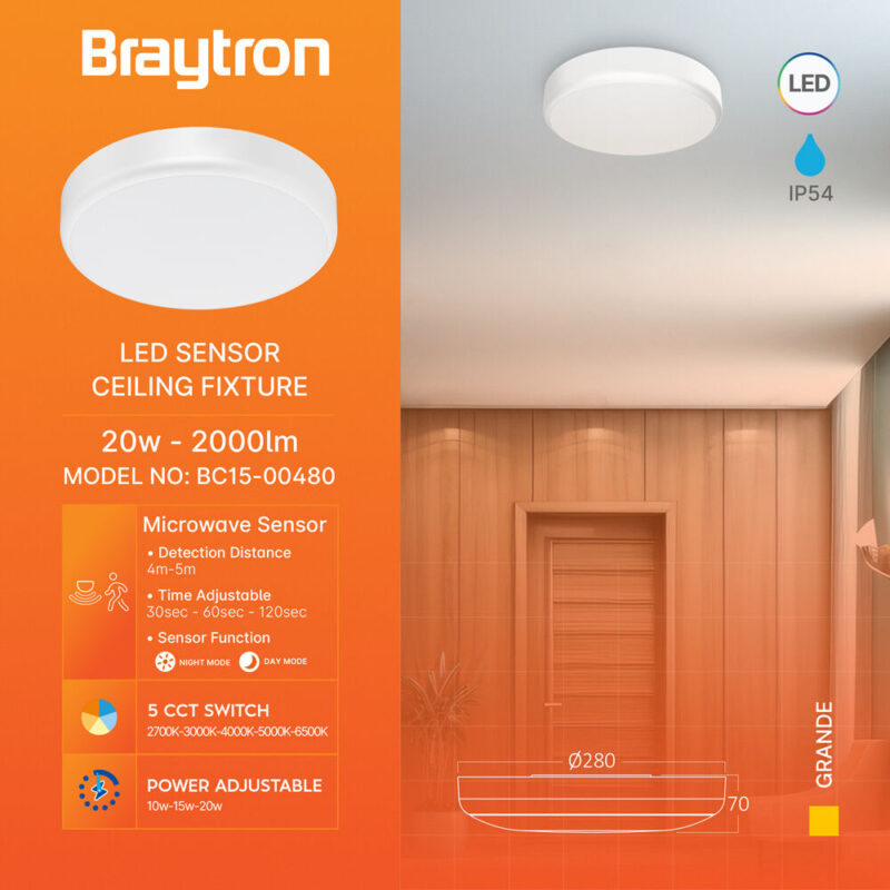 Πλαφονιέρα led “Grande” 20w 4in1 2000lm IP54 με ανίχνευση κίνησης και μέρα νύχτα – BC15-00480