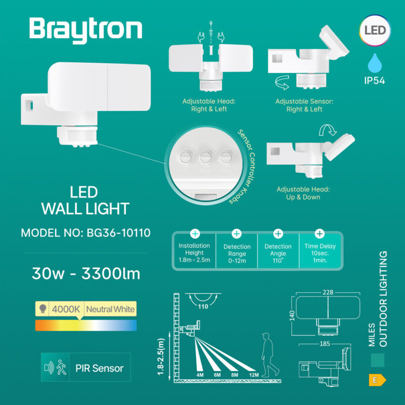 Προβολέας IP54 30W 3300 lm 4000K (Λευκός)  Με Ανίχνευση – BG36-10110