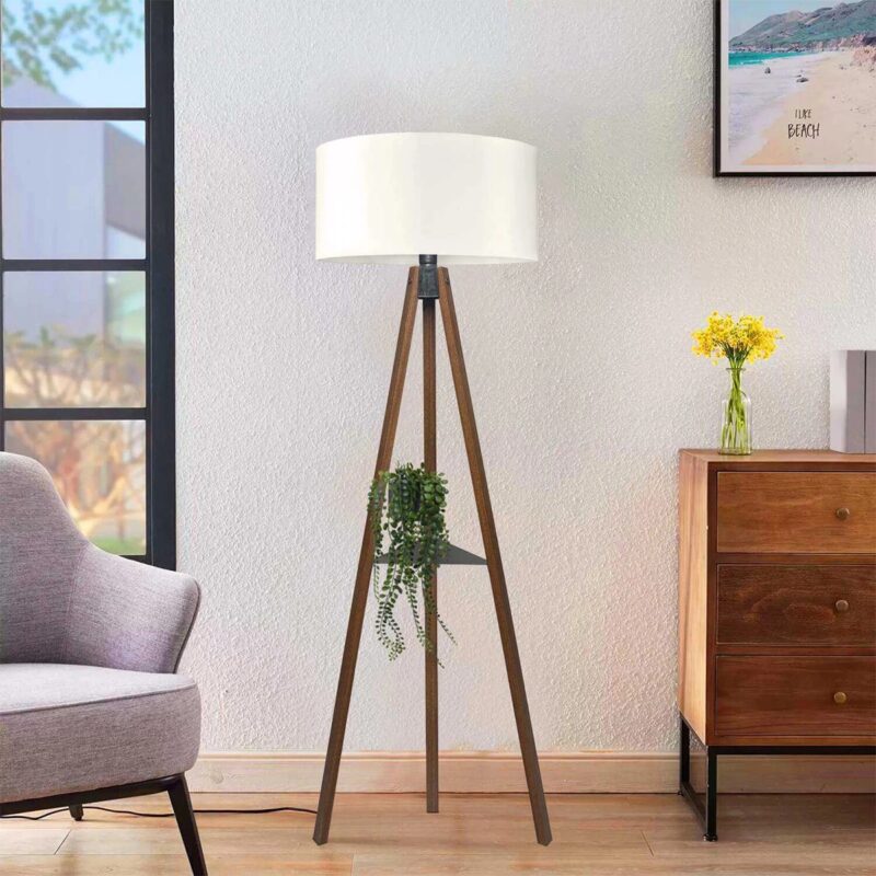 GloboStar® SHELF 204-0129 Μοντέρνο Eπιδαπέδιο Φωτιστικό Μονόφωτο 1 x E27 IP20 Καφέ Ξύλο με Μπεζ Ύφασμα – Μ38 x Π38 x Υ135cm