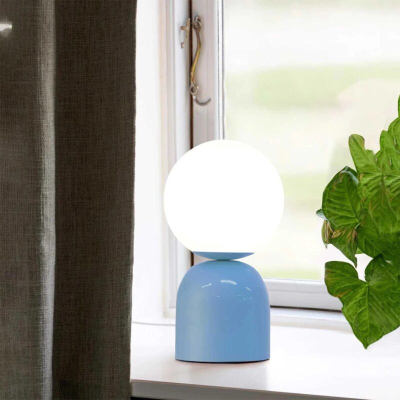 GloboStar® MAGIC 204-0133 Μοντέρνο Eπιτραπέζιο Φωτιστικό Μονόφωτο 1 x E14 IP20 Μπλε Μέταλλο με Λευκό Γυαλί – Μ13 x Π13 x Υ28cm