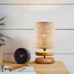 GloboStar® KLOO 204-0143 Boho Eπιτραπέζιο Φωτιστικό Μονόφωτο 1 x E14 IP20 Καφέ Ξύλο με Μπεζ Διάτρητο Ύφασμα – Μ15 x Π15 x Υ35cm